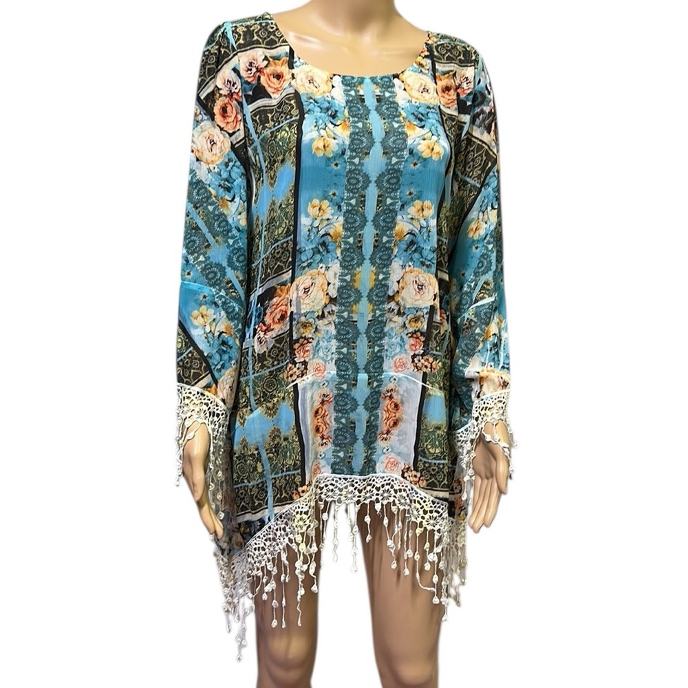 Harlow Zee Floral Lightweight Flowy Crochet Lace Fringe Tunic Blouse Top Small